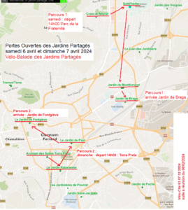 plan des ballades à vélo du réseau des jardins partagés de clermont-ferrand
